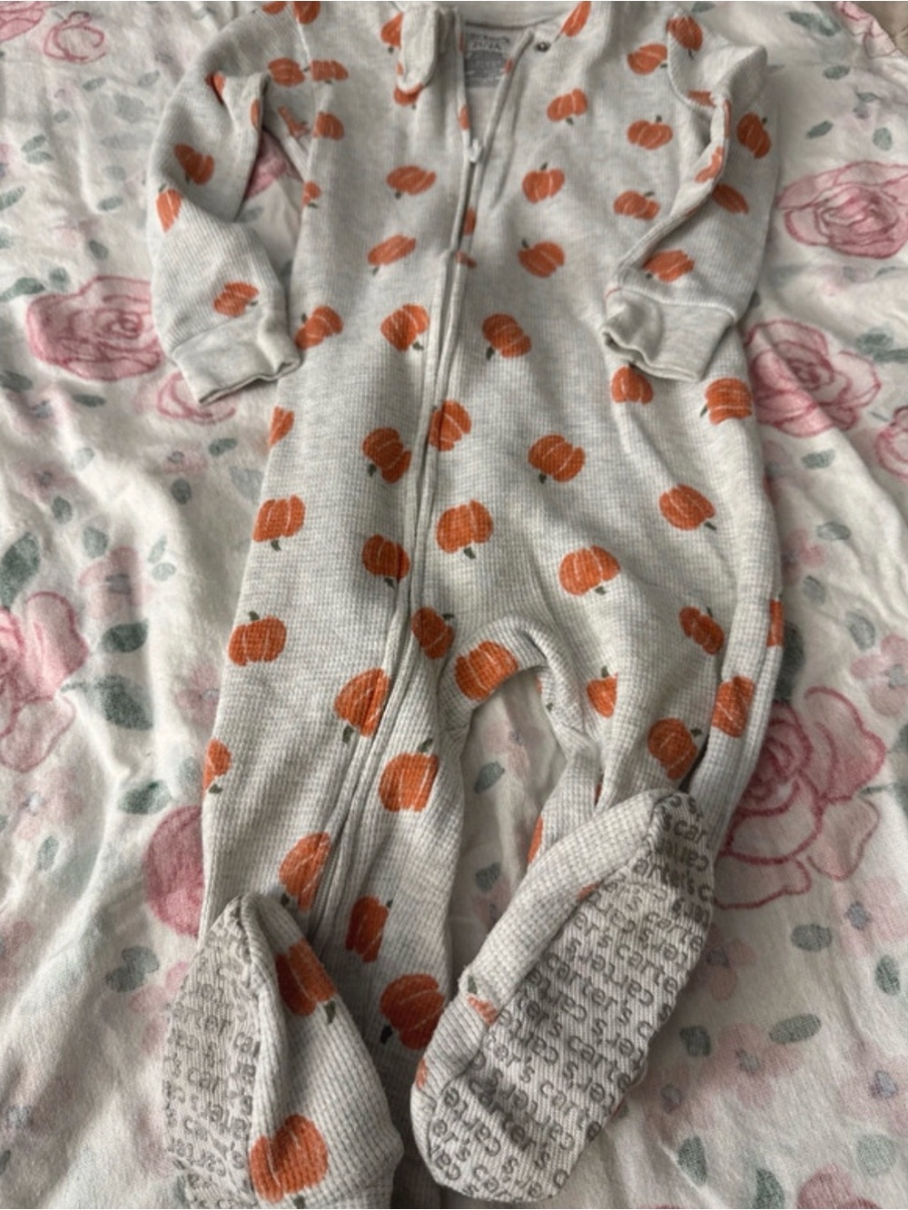 Carter's Cream Waffle Knit Footed One-Piece with Orange Pumpkin Print